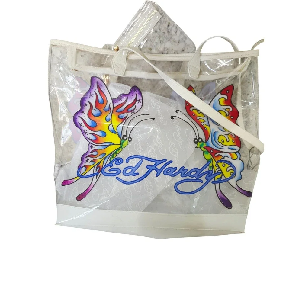 Ed Hardy Clear PVC Butterfly Beach Tote Bag & Zip Pouch Purple White 14x13x6 NWT